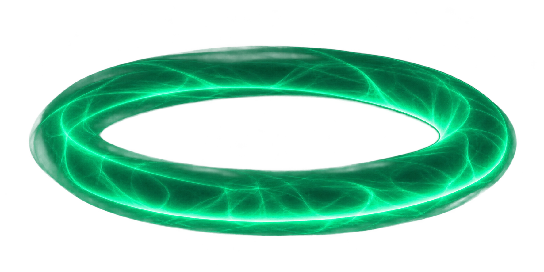 A torus of green plasma seen at a shallow angle, filaments threading around the ring